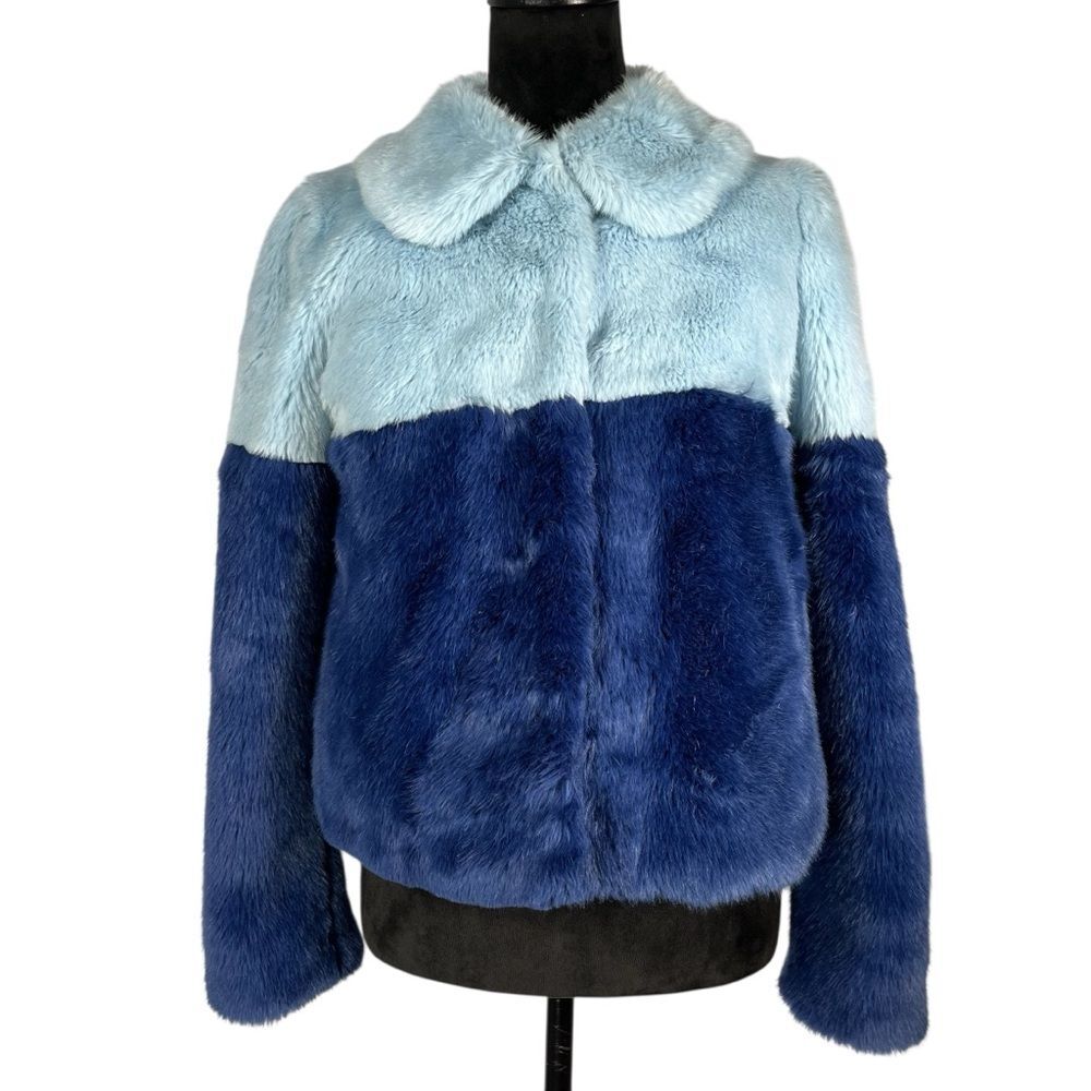 Alice & Olivia Blue Faux Fur Jacket Two-Tone Color Block Quilted Teddy Coat